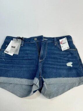 NWT Paige Jimmy Jimmy Raw Hem Cuffed Shorts In Emilia Destructed Indigo Size 27